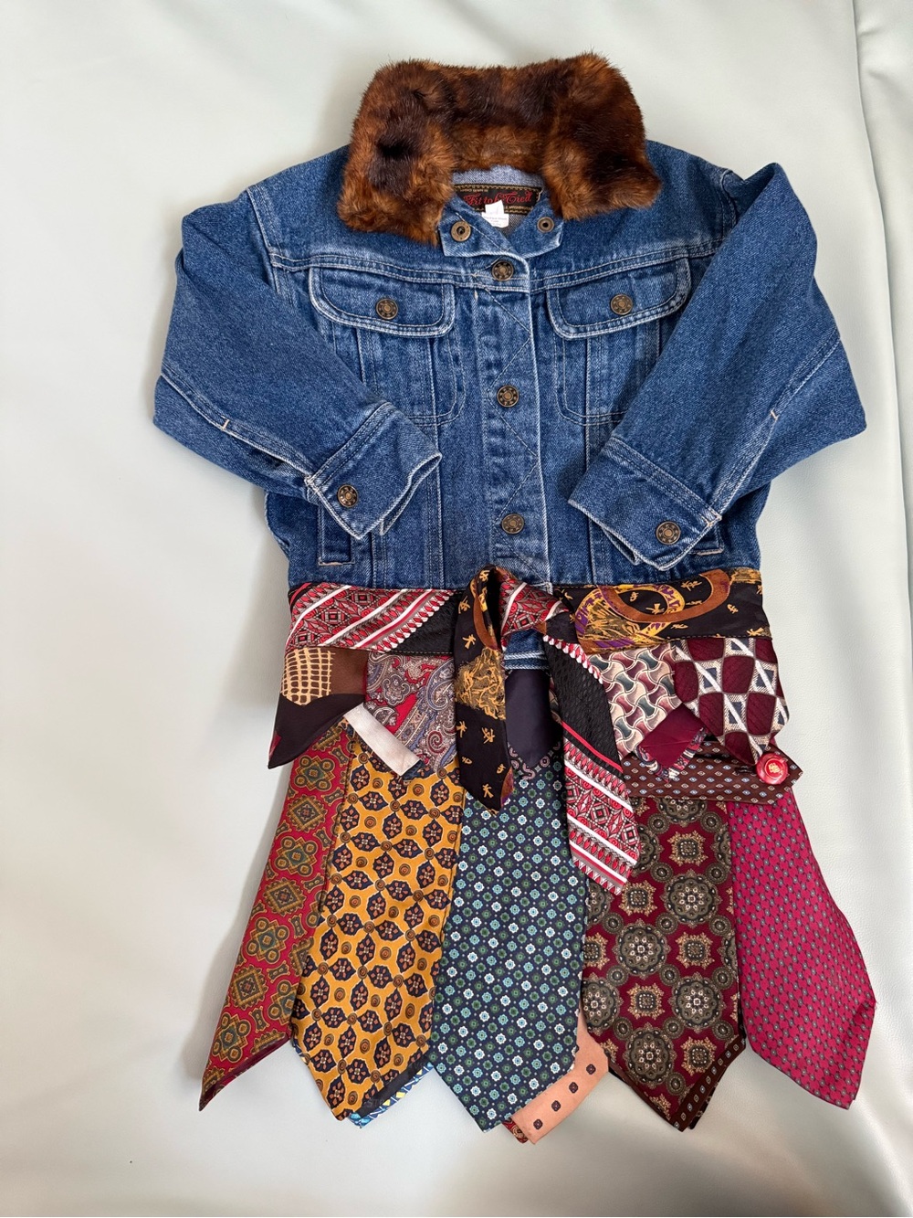 Vintage handmade Fit to Be Tied custom toddler Jean jacket repurposed tie skirt